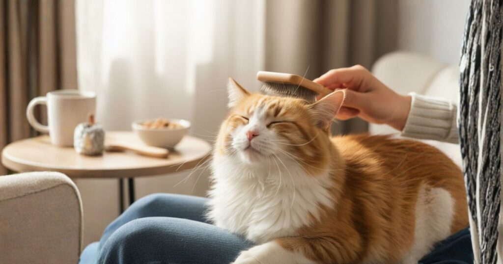 気持ちよさそうにブラッシングされている猫