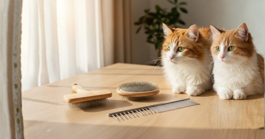 様々なブラシと猫たち
