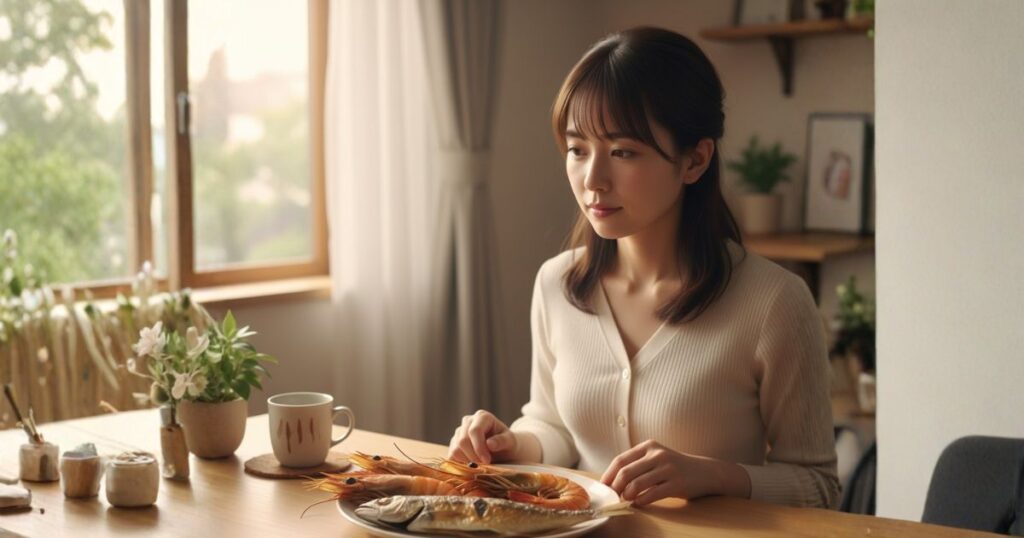 エビと生魚を食べる女性