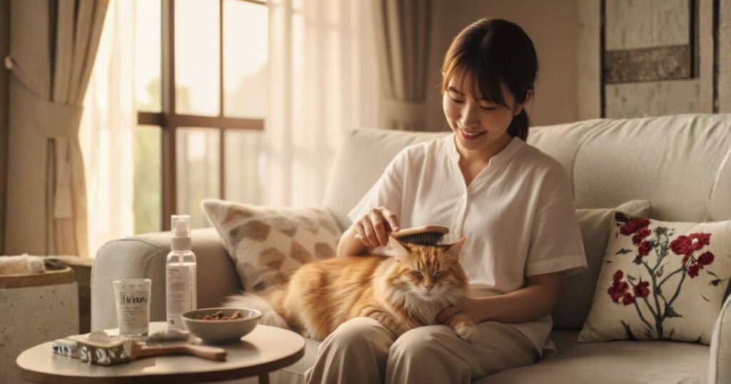 気持ちよさそうにブラッシングされている猫