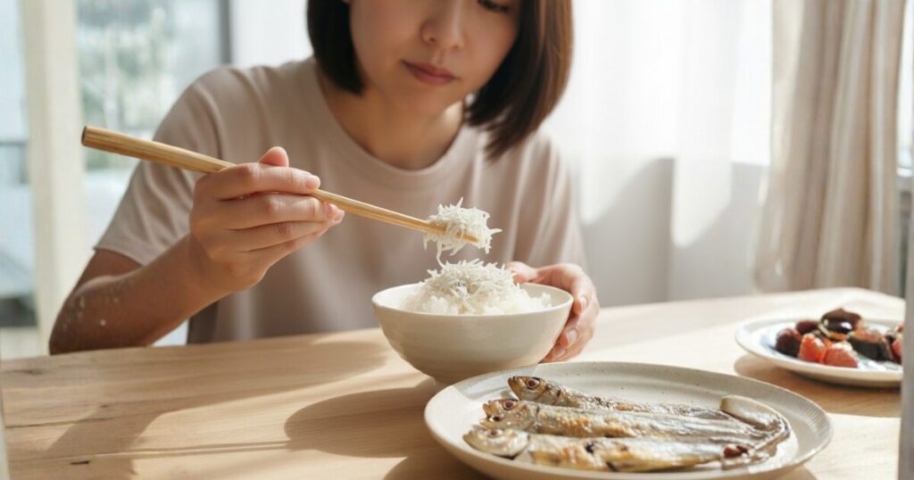 しらすを食べようとする女性