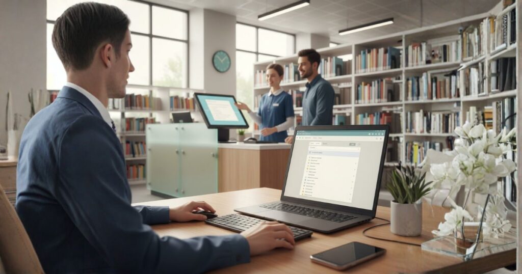 図書館のPCを操作する男性