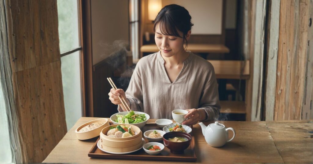 家庭で食事を楽しむ女性