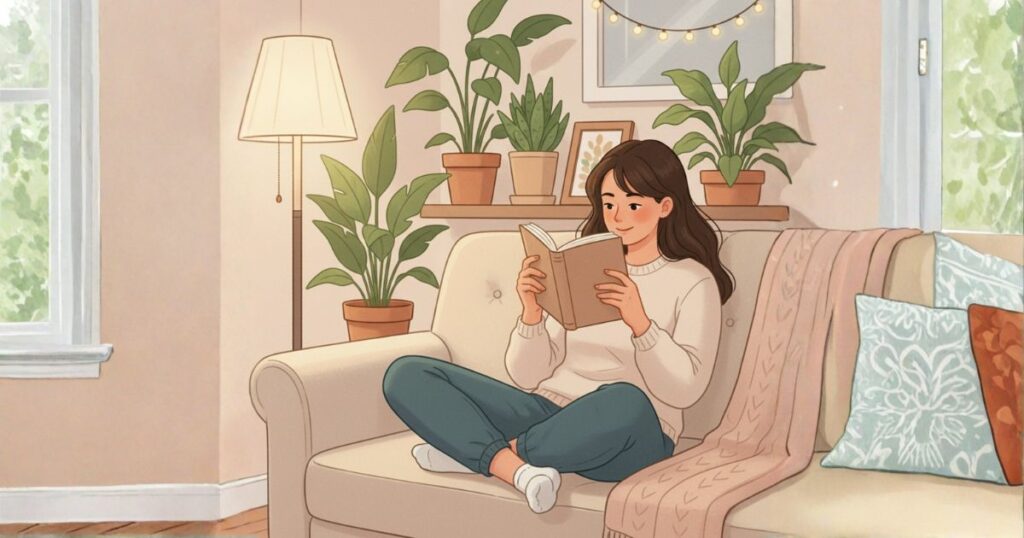 リラックスして読書している女性
