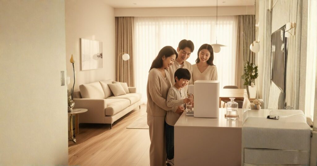 ウォーターサーバーを家族で囲んでいる様子