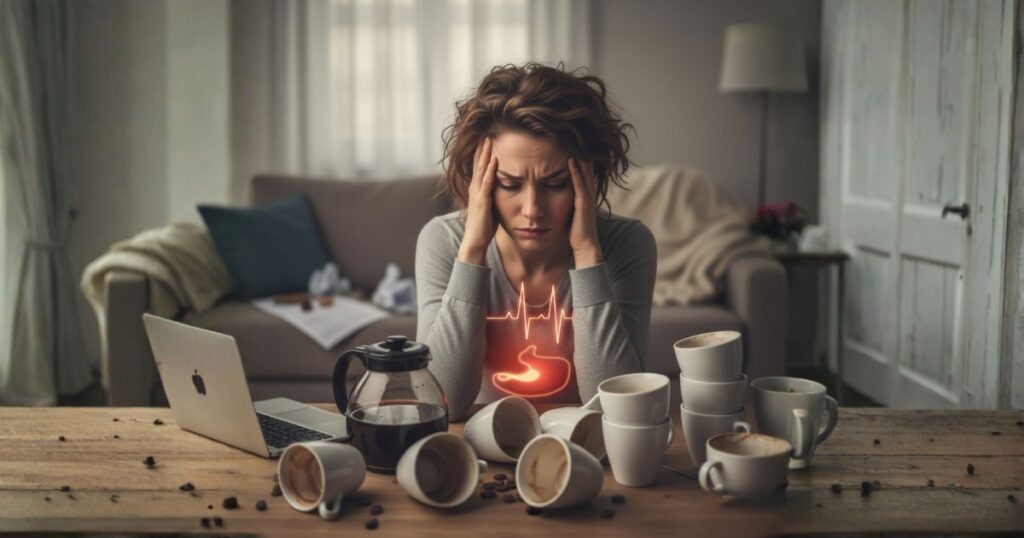 頭を押さえている女性