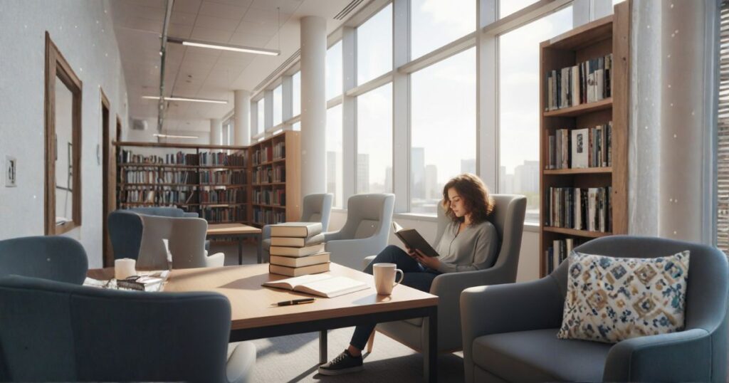 図書館でリラックスしている女性