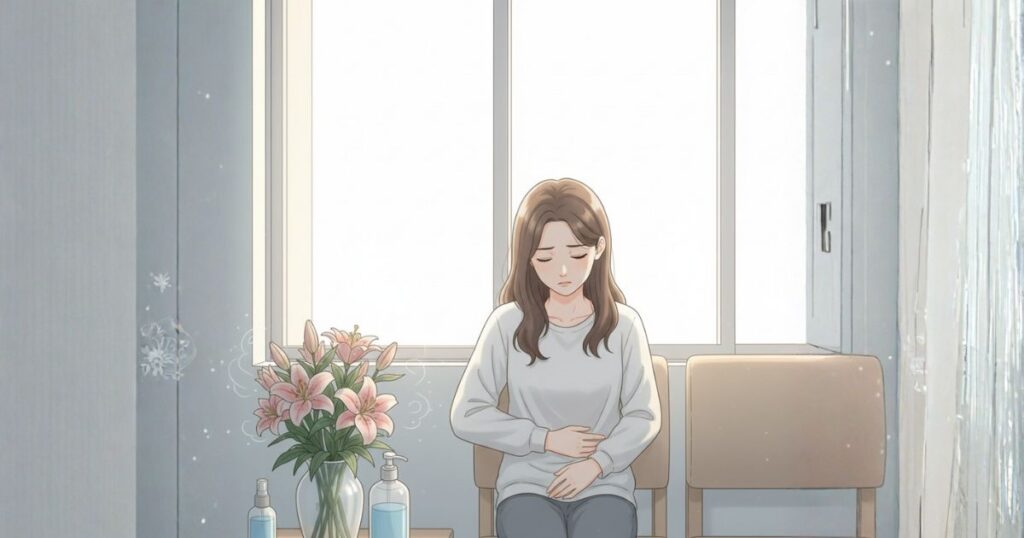 お腹を押さえる女性