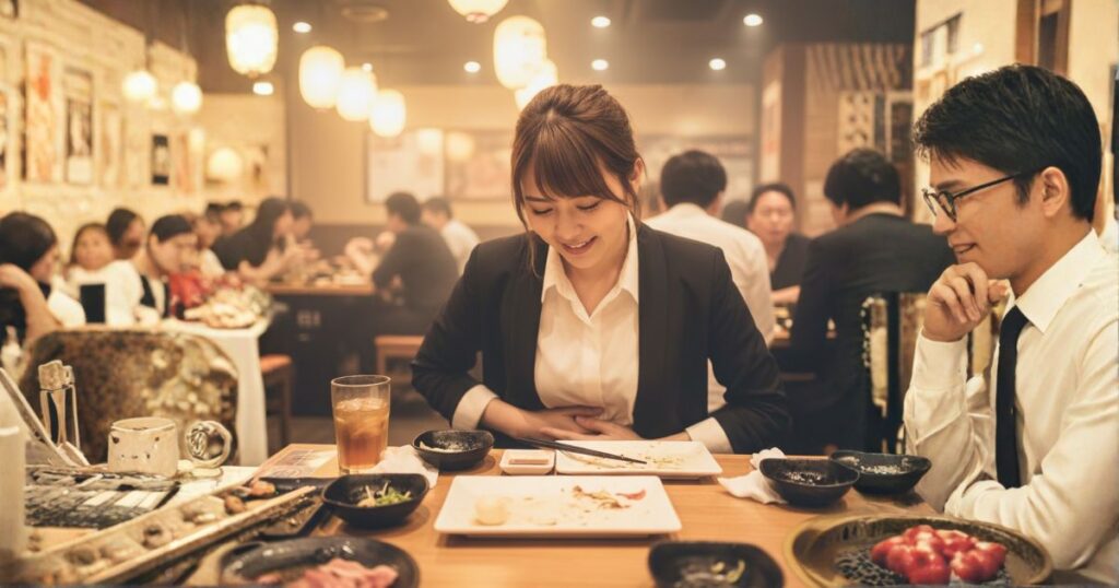 外食中に腹痛の女性