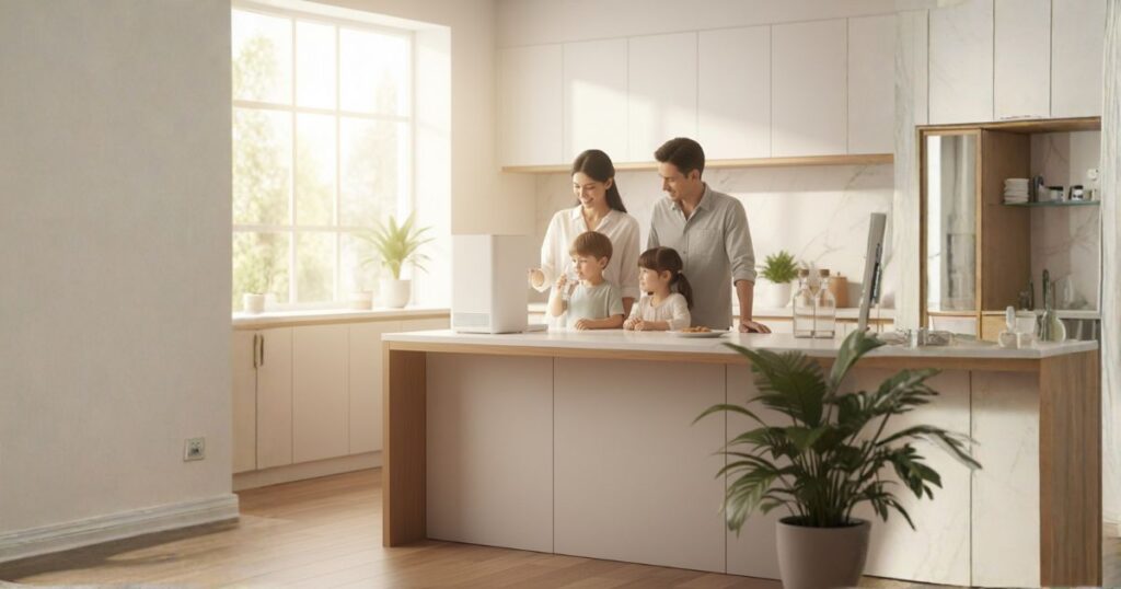 ウォーターサーバーで団欒している家族