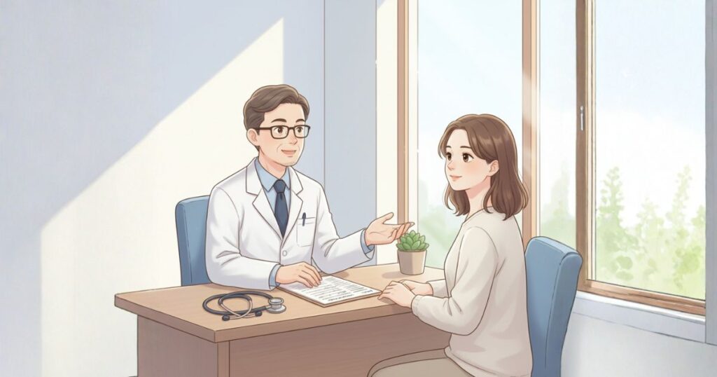 医者の話を聞く女性