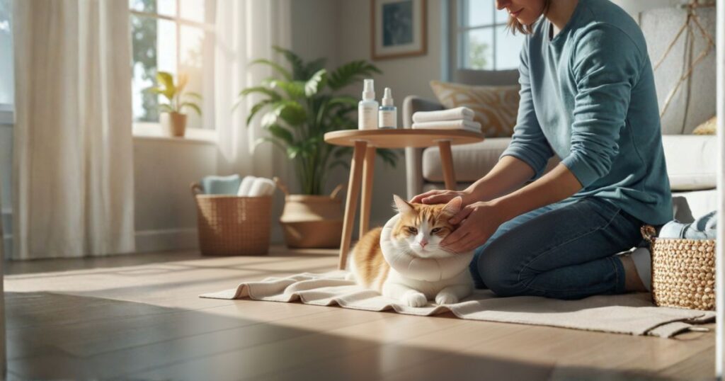 猫のケアをしている