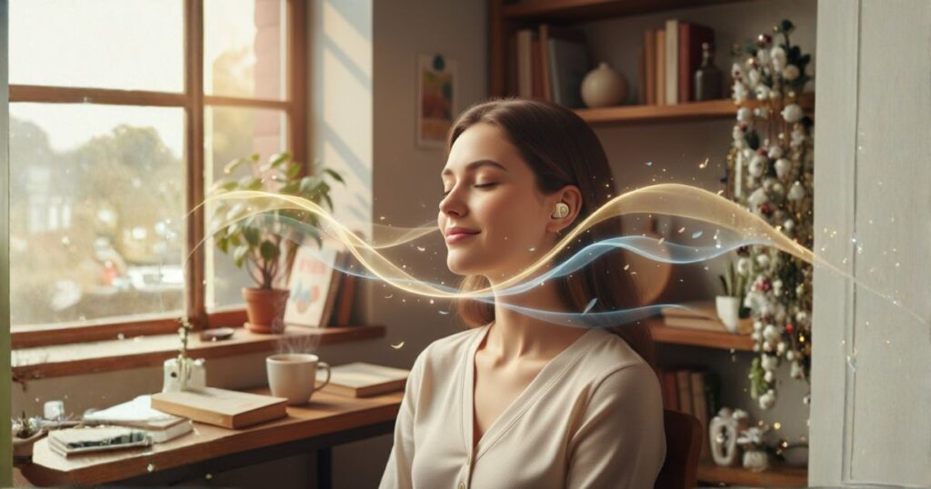 耳栓をしてリラックスしてる女性