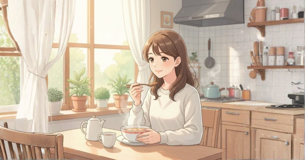 スープを飲む女性